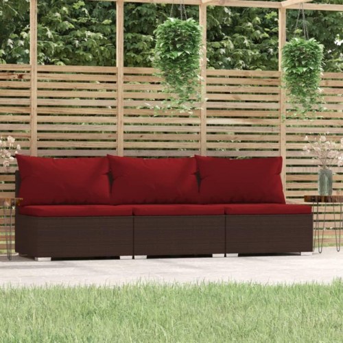 3-personers havesofa i polyrattan - brun med kanelrøde hynder