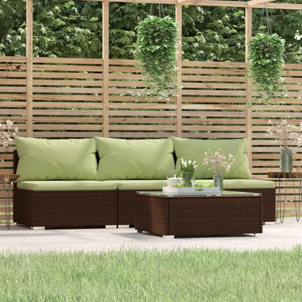 Loungesæt til haven 4 dele med hynder polyrattan brun/grøn