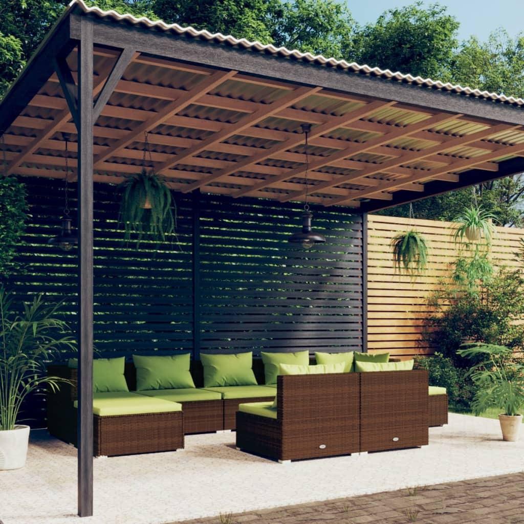 Loungesæt til haven 9 dele med hynder i polyrattan - brun/grøn