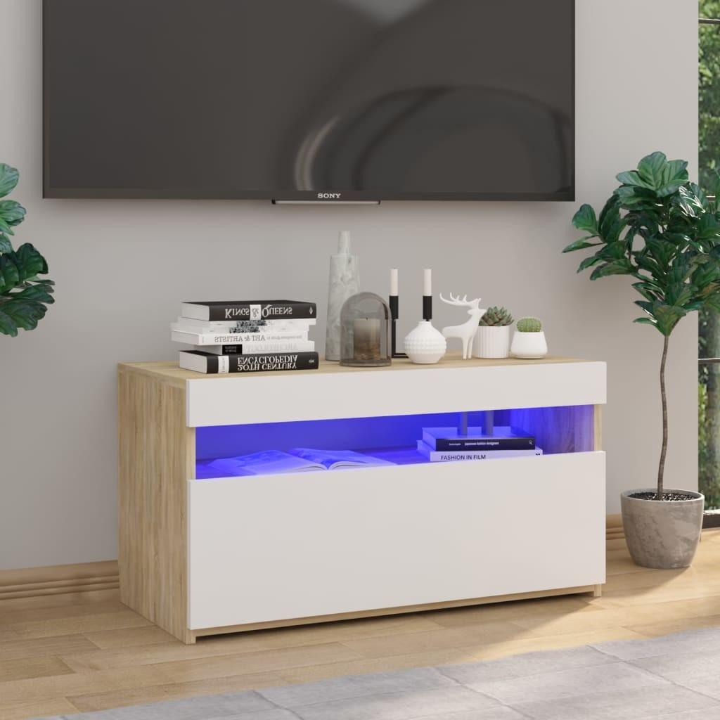 Tv-bord med LED-lys 75x35x40 cm hvid og sonoma-eg