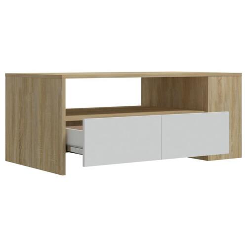 Sofabord 102x55x42 cm konstrueret træ hvid og sonoma-eg