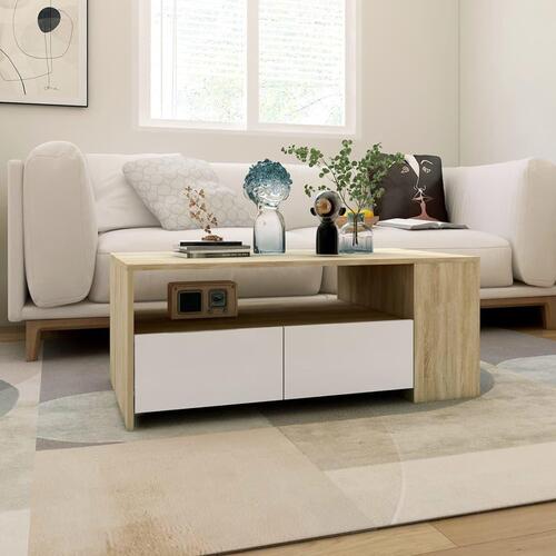 Sofabord 102x55x42 cm konstrueret træ hvid og sonoma-eg