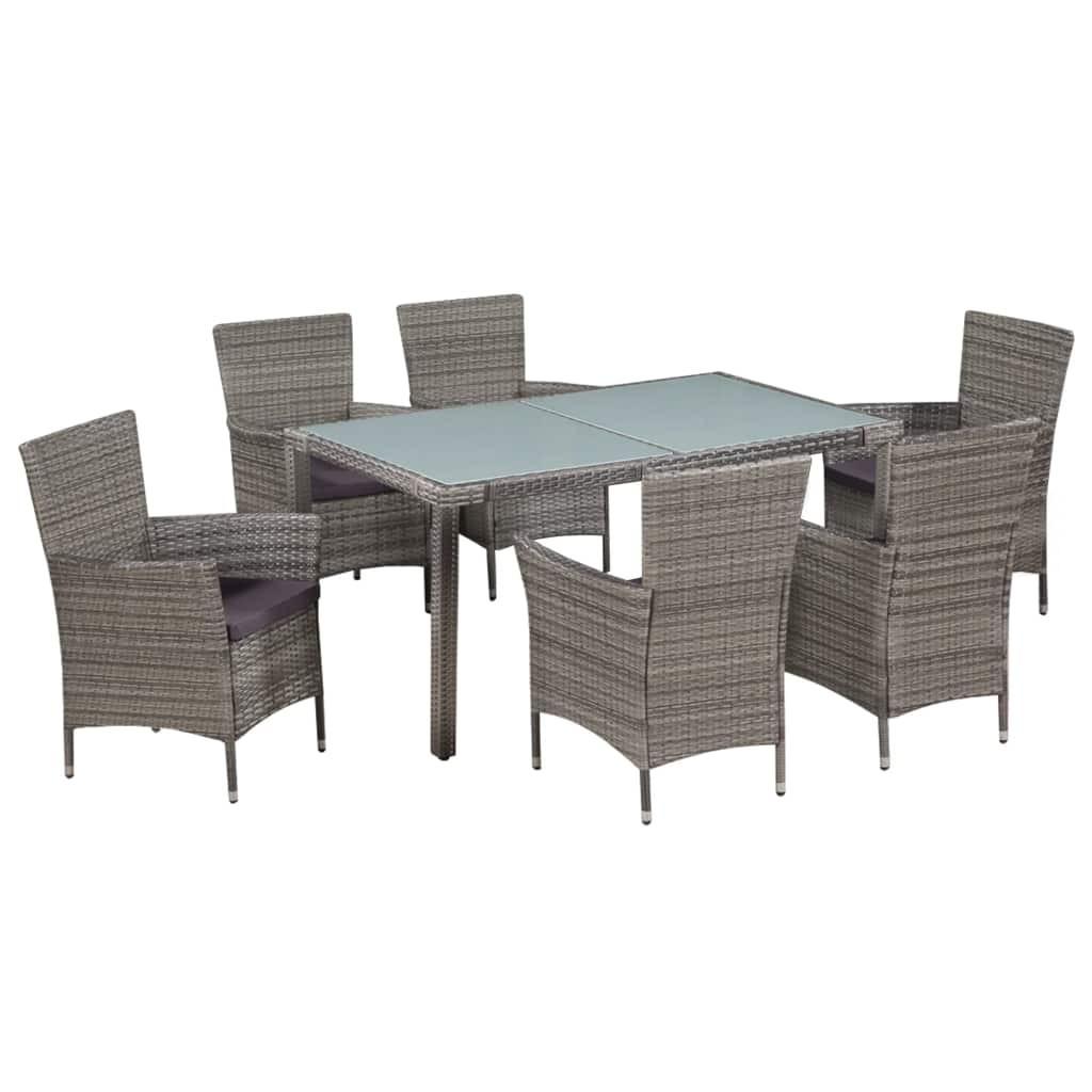 Udendørs spisebordssæt 7 dele med hynder polyrattan grå
