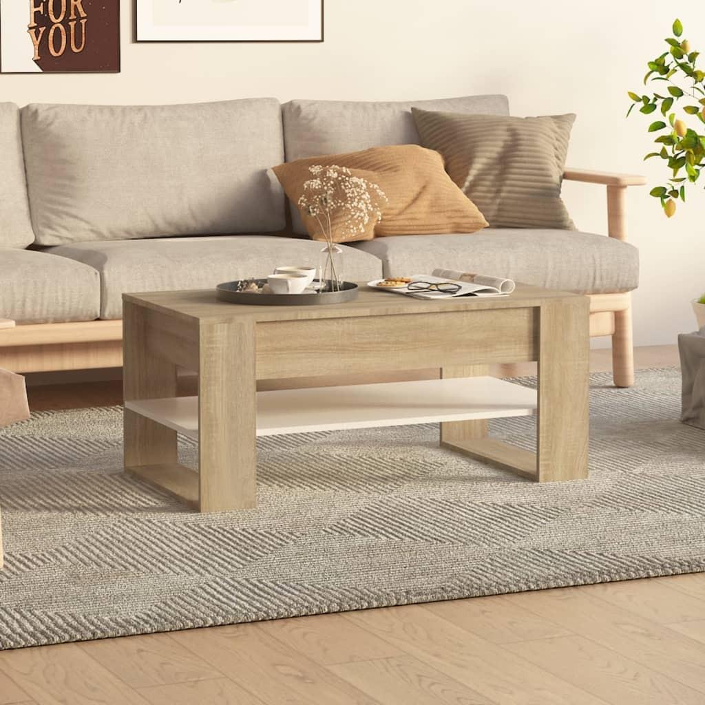 Sofabord 102x55x45 cm konstrueret træ hvid og sonoma-eg