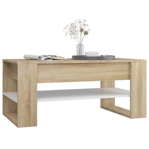 Sofabord 102x55x45 cm konstrueret træ hvid og sonoma-eg