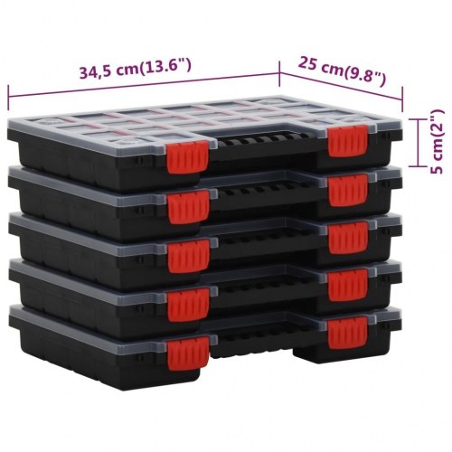 Sortimentbokse 5 stk. med justerbare rum - 34,5 × 25 × 5 cm, polypropylen