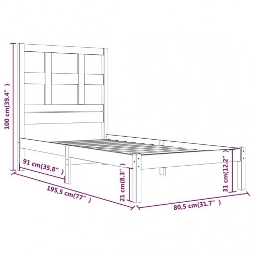 Sengeramme uden madras 75x190 cm massivt fyrretræ hvid
