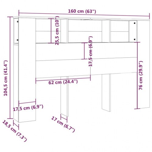 Sengegavl med opbevaring 160 × 18,5 × 104,5 cm - grå sonoma-eg