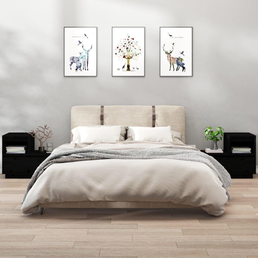 Sengeborde 2 stk. - massivt fyrretræ, sort, 60 × 34 × 51 cm