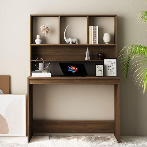 Skrivebord m. hylder 110x45x157 cm konstrueret træ brun egetræ