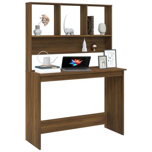 Skrivebord m. hylder 110x45x157 cm konstrueret træ brun egetræ