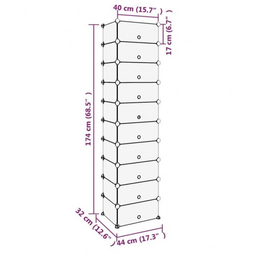 Skoreol i PP med 10 rum - 44 × 32 × 174 cm, sort