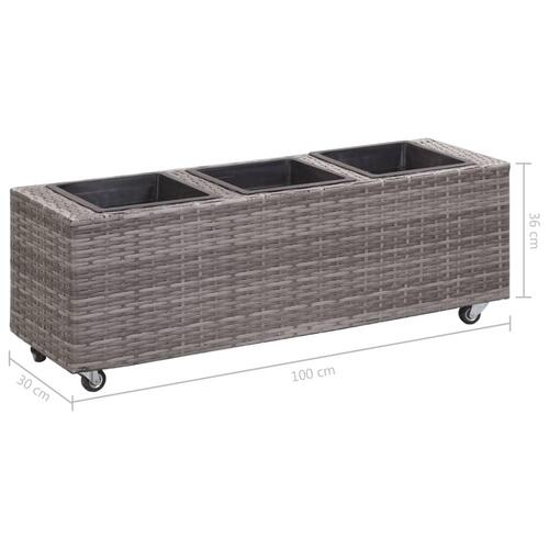 Hævet plantekasse med 3 krukker 100x30x36 cm polyrattan grå