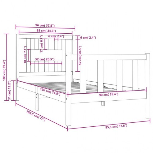 Sengeramme 90x190 cm Single massivt træ sort