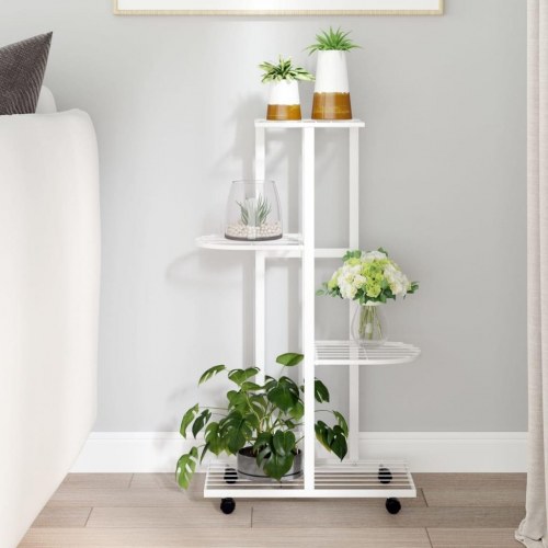 Blomsterstativ på 4 niveauer med hjul - jern, hvid, 44×23×80 cm