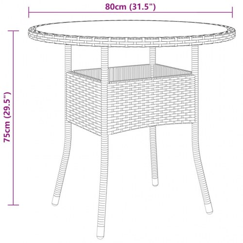 Rundt havebord Ø80 x 75 cm - brun polyrattan med hærdet glas
