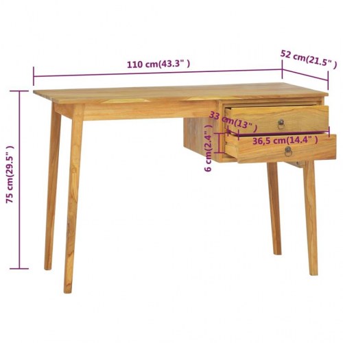 Skrivebord med 2 skuffer 110x52x75 cm massivt teaktræ