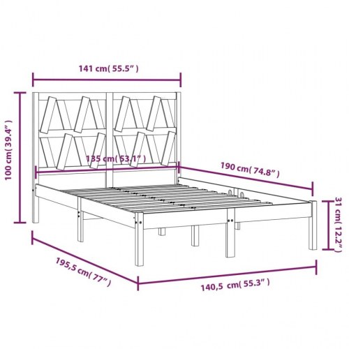 Sengeramme 135 x 190 cm i massivt fyrretræ - med sengegærde