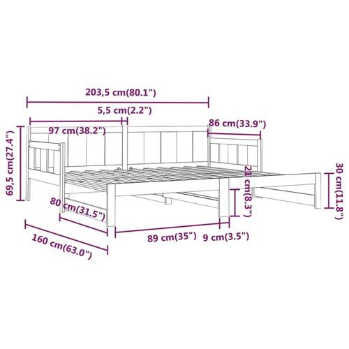 Daybed med udtræk 2x(80x200) cm massivt fyrretræ