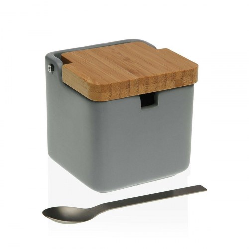 Versa sukkerskål i grå keramik med bambuslåg og ske - 8,5 x 8,7 x 8,5 cm
