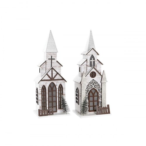 Juledekoration - Kirke i MDF med LED, 2 stk. (12,5 × 11 × 33 cm)