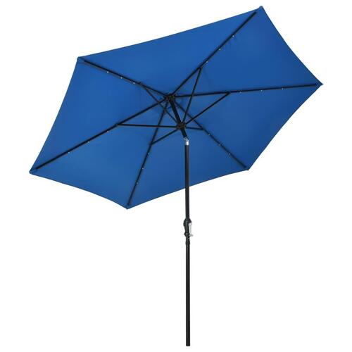 Parasol m. LED-lys og stålstang 300 cm azurblå