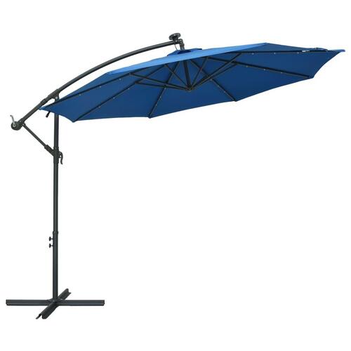 Hængeparasol m. LED-lys og stålstang 300 cm azurblå