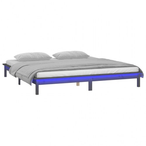 Sengeramme med LED-lys 135x190 cm dobbelt massivt træ grå
