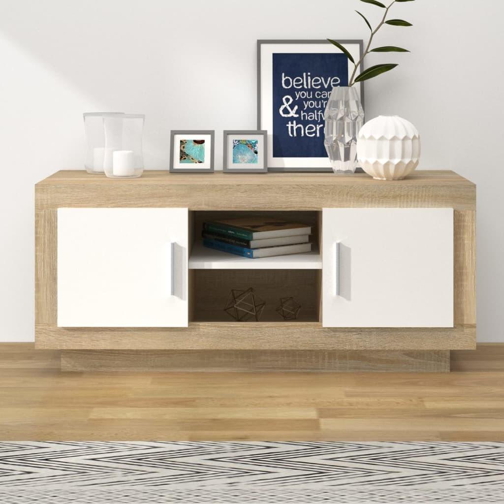 Tv-bord 102x35x45 cm konstrueret træ hvid og egetræsfarvet
