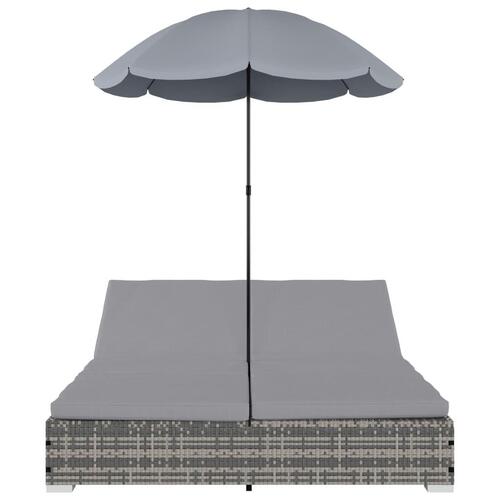 Udendørs solseng med parasol polyrattan grå