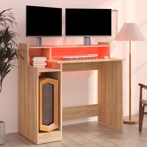 Skrivebord med LED-lys 97x45x90 cm konstrueret træ sonoma-eg