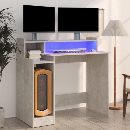 Skrivebord med LED-lys 97×45×90 cm - konstrueret træ, betongrå