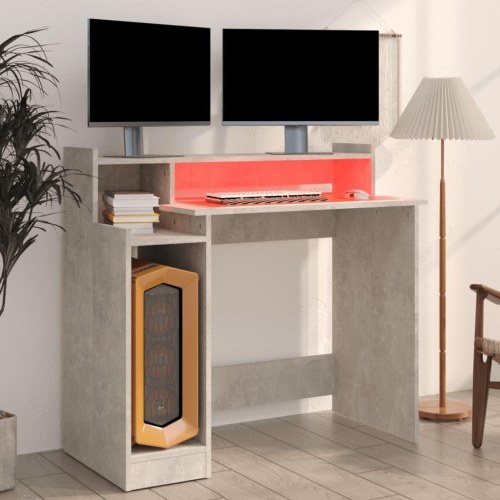 Skrivebord med LED-lys 97×45×90 cm - konstrueret træ, betongrå