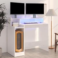 Skrivebord m. LED-lys 97x90x45 cm konstrueret træ hvid højglans