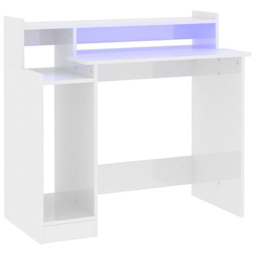 Skrivebord m. LED-lys 97x90x45 cm konstrueret træ hvid højglans