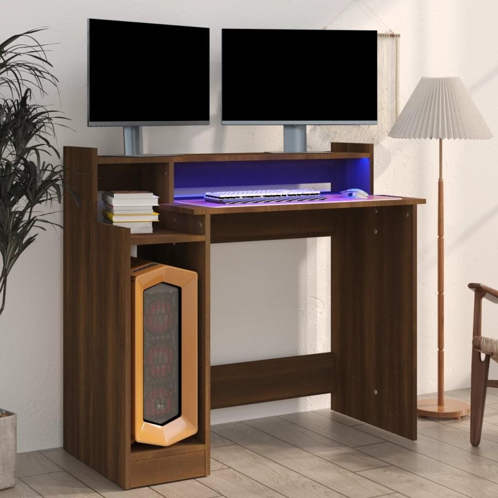 Skrivebord med LED-lys 97x45x90 cm konstrueret træ brun eg