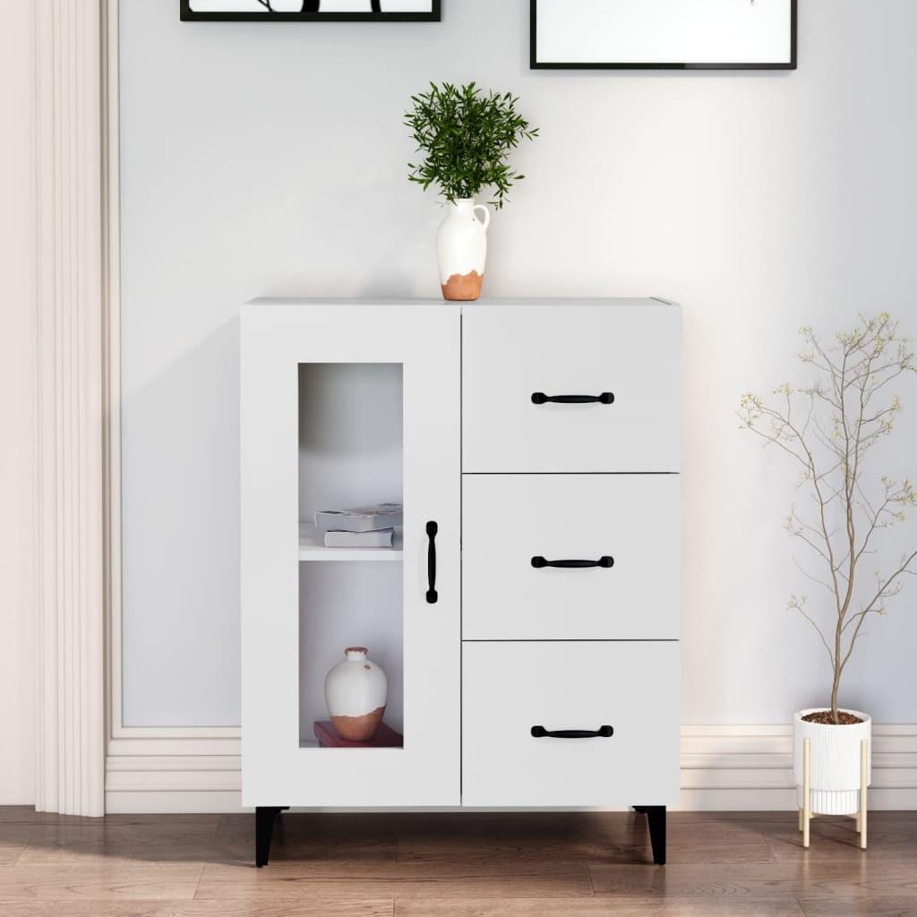 Skænk i hvid - 69,5 × 34 × 90 cm med glaslåge og 3 skuffer