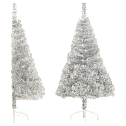 Kunstigt halvt juletræ med juletræsfod 150 cm PET sølvfarvet