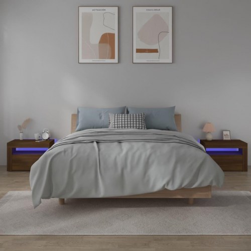 Sengeborde med LED-lys 2 stk. 60x35x40 cm brun eg