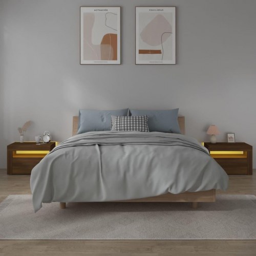 Sengeborde med LED-lys 2 stk. 60x35x40 cm brun eg