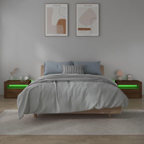 Sengeborde med LED-lys 2 stk. 60x35x40 cm brun eg