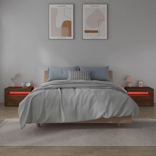 Sengeborde med LED-lys 2 stk. 60x35x40 cm brun eg