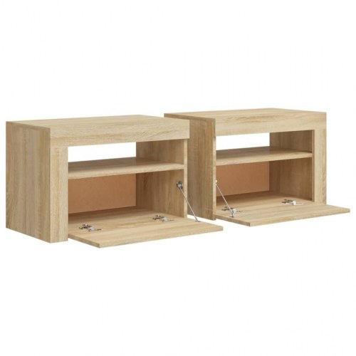 Sengeborde med LED-lys - 2 stk., 60×35×40 cm, sonoma-eg
