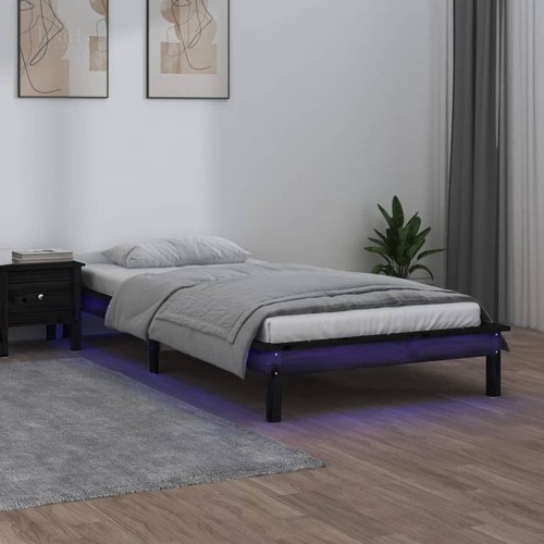 Sengeramme med LED-lys 75×190 cm - Small Single i massivt fyrretræ, sort