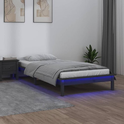 Sengeramme med LED - 90x190 cm Single, massivt træ, grå