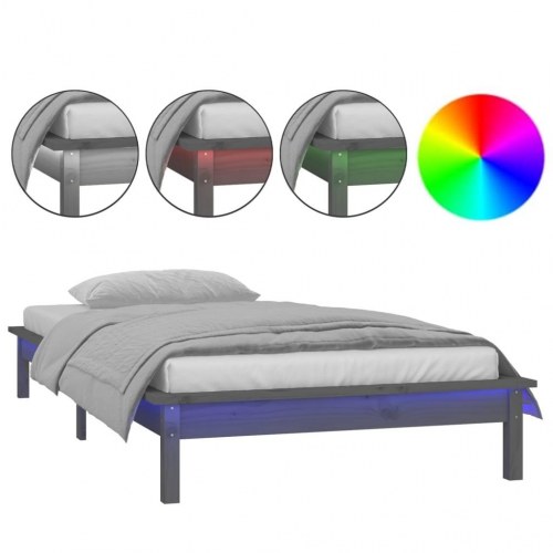 Sengeramme med LED - 90x190 cm Single, massivt træ, grå