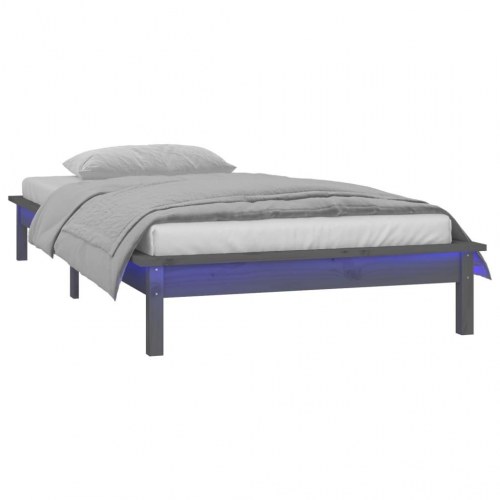 Sengeramme med LED - 90x190 cm Single, massivt træ, grå