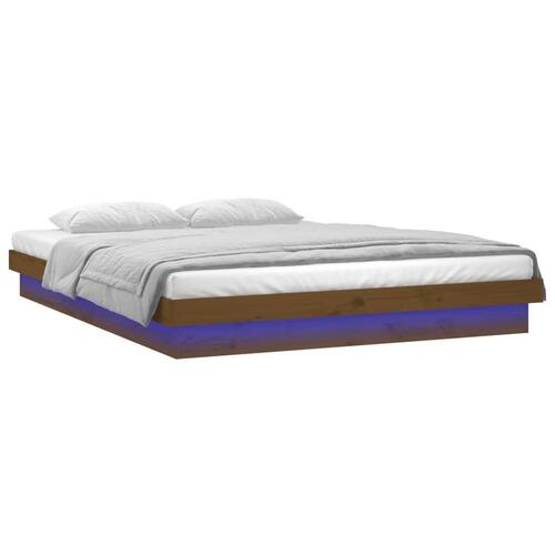 Sengeramme med LED-lys 140x200 cm massivt træ gyldenbrun