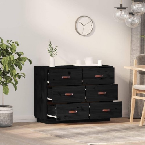 Skænk i massivt fyrretræ - sort, 100×40×75 cm med 6 skuffer