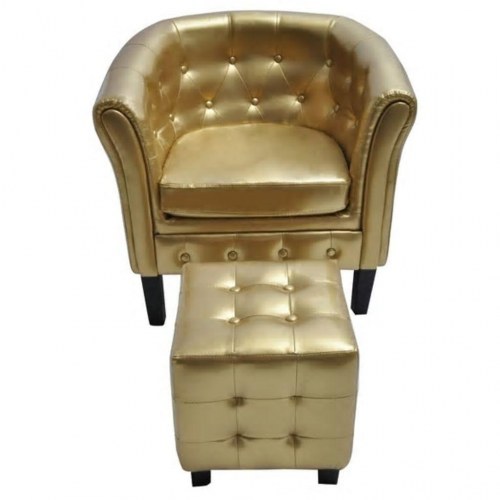 Lænestol med fodskammel i kunstlæder - guldfarvet chesterfield look
